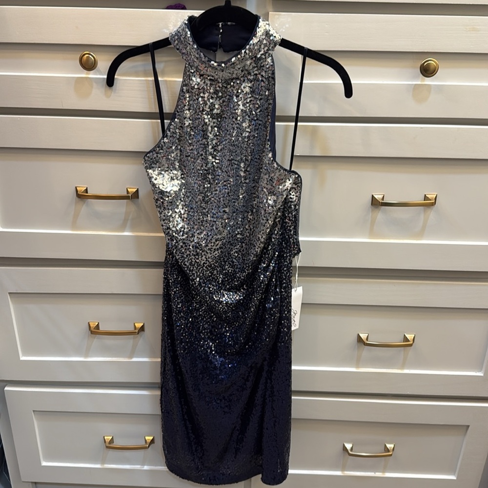 Badgley Mischka Silver and Navy ombré Sequin Halter Mini Cocktail Dress